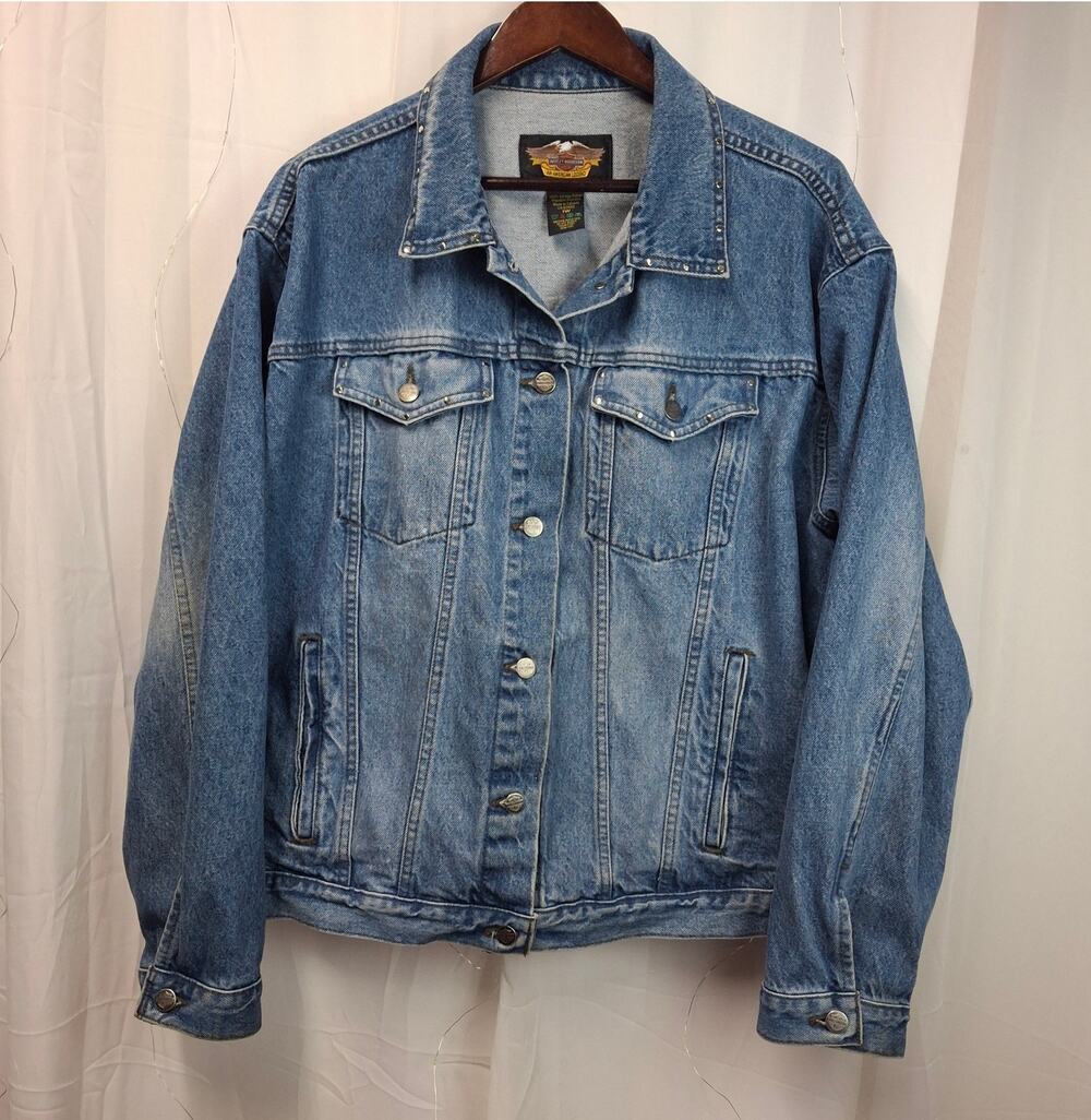 Harley Davidson Plus Size 1W Denim Jacket Flag Studded Made Canada
